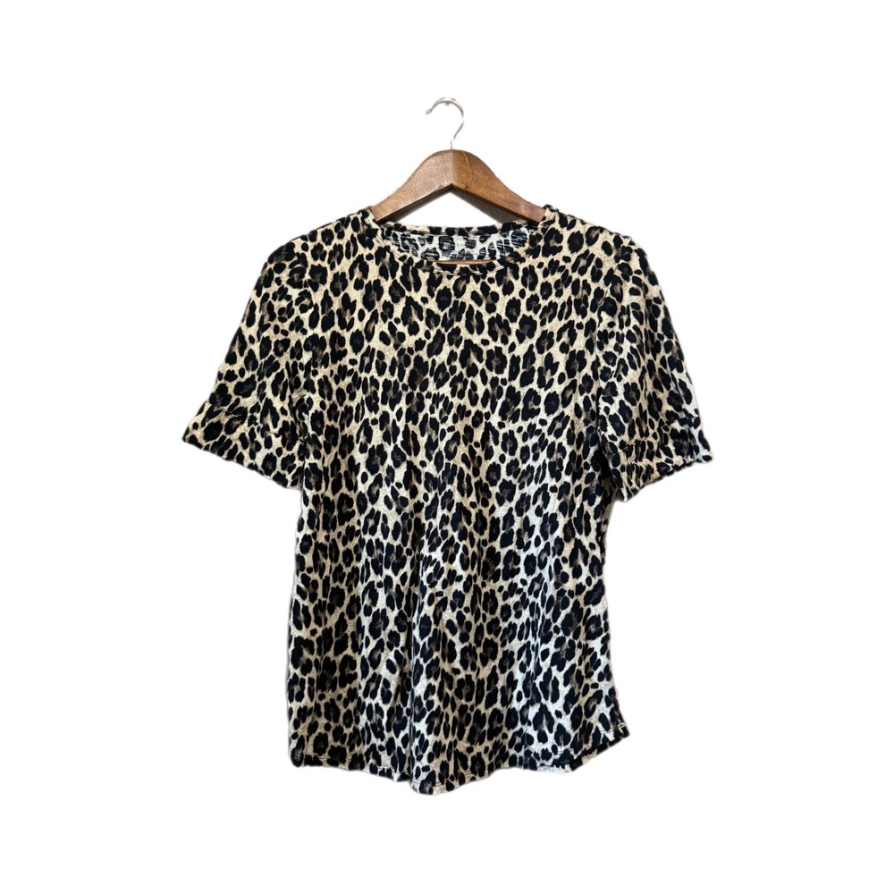 Westbound Leopard Print Top Women Medium Tan Black Excellent Cuffed Short Sleeve